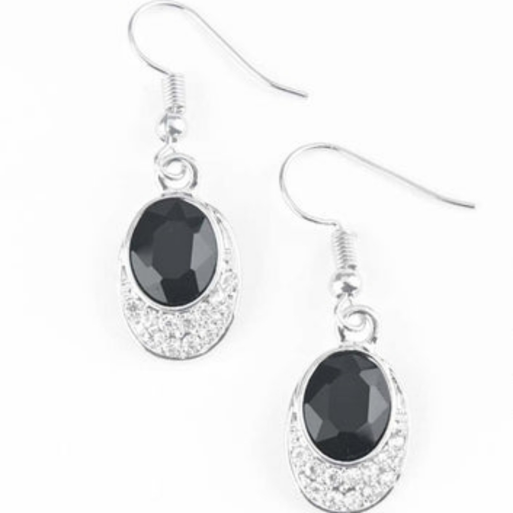 Black and Silver Teardrop Earrings with Filigree Design